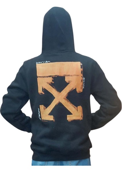 Erkek Kapüşonlu Bağcıklı Kanguru Cepli Baskılı Siyah-Turuncu Renk Bomber Sweatshirt Esk-Wht