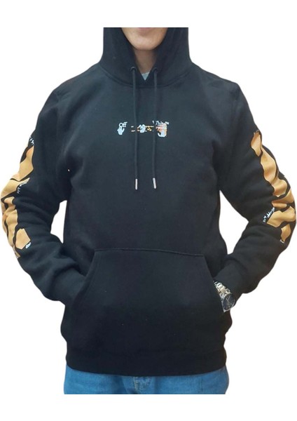 Erkek Kapüşonlu Bağcıklı Kanguru Cepli Baskılı Siyah-Turuncu Renk Bomber Sweatshirt Esk-Wht fiyatları