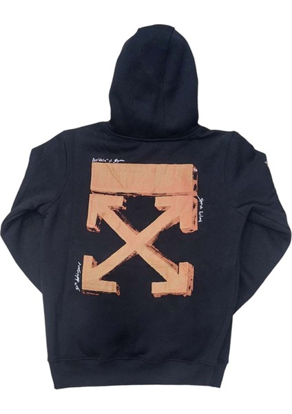 Erkek Kapüşonlu Bağcıklı Kanguru Cepli Baskılı Siyah-Turuncu Renk Bomber Sweatshirt Esk-Wht modelleri