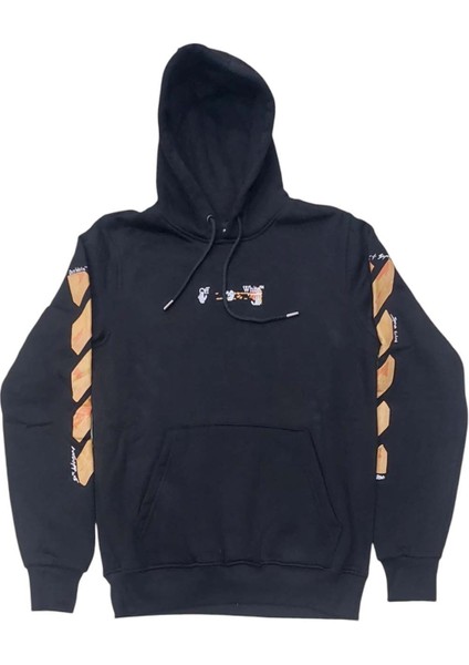 Erkek Kapüşonlu Bağcıklı Kanguru Cepli Baskılı Siyah-Turuncu Renk Bomber Sweatshirt Esk-Wht fırsatları