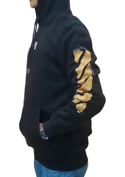 Erkek Kapüşonlu Bağcıklı Kanguru Cepli Baskılı Siyah-Turuncu Renk Bomber Sweatshirt Esk-Wht indirimleri