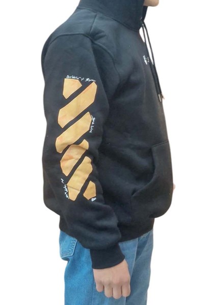 Erkek Kapüşonlu Bağcıklı Kanguru Cepli Baskılı Siyah-Turuncu Renk Bomber Sweatshirt Esk-Wht