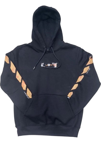 Erkek Kapüşonlu Bağcıklı Kanguru Cepli Baskılı Siyah-Turuncu Renk Bomber Sweatshirt Esk-Wht