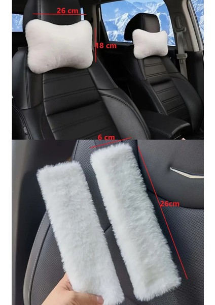 Beyaz Peluş Oto Boyun Yastığı + Emniyet Kemeri Pedi – 4’lü Set – Ultra Yumuşak & Şık Konfor Takımı modelleri