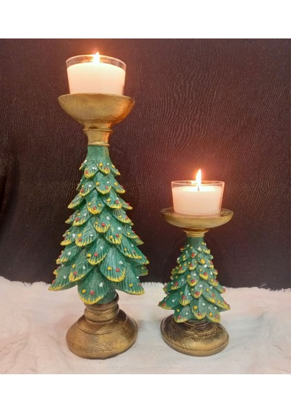 Yılbaşı Ağacı Ikili Şamdan Merry Christmas Dekoratif Yeşil Noel Çam Ağacı Biblo