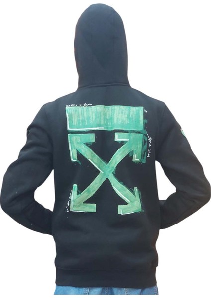 Erkek Kapüşonlu Bağcıklı Kanguru Cepli Baskılı Siyah-Yeşil Renk Bomber Sweatshirt Esk-Wht