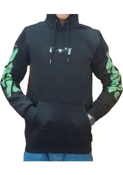Erkek Kapüşonlu Bağcıklı Kanguru Cepli Baskılı Siyah-Yeşil Renk Bomber Sweatshirt Esk-Wht fiyatları