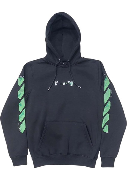 Erkek Kapüşonlu Bağcıklı Kanguru Cepli Baskılı Siyah-Yeşil Renk Bomber Sweatshirt Esk-Wht fırsatları