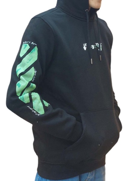 Erkek Kapüşonlu Bağcıklı Kanguru Cepli Baskılı Siyah-Yeşil Renk Bomber Sweatshirt Esk-Wht indirimleri
