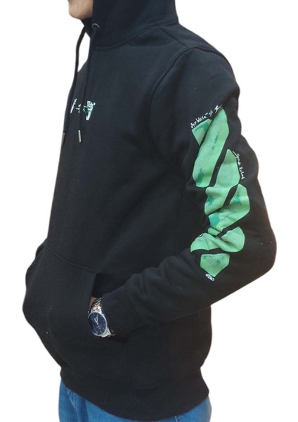 Erkek Kapüşonlu Bağcıklı Kanguru Cepli Baskılı Siyah-Yeşil Renk Bomber Sweatshirt Esk-Wht