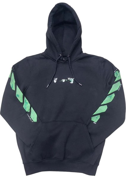 Erkek Kapüşonlu Bağcıklı Kanguru Cepli Baskılı Siyah-Yeşil Renk Bomber Sweatshirt Esk-Wht