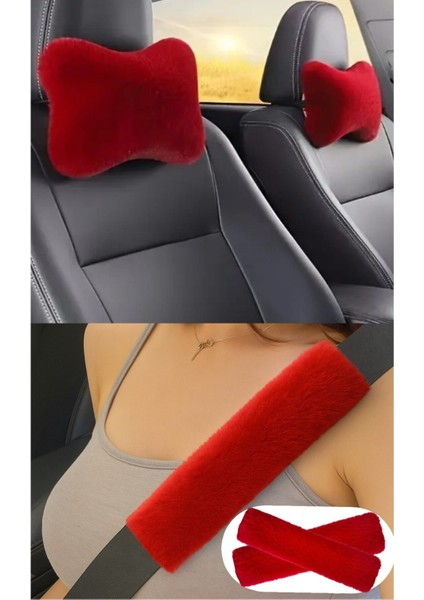 Kırmızı Peluş Oto Boyun Yastığı + Emniyet Kemeri Pedi – 4’lü Set – Sportif & Şık Tasarım fiyatları