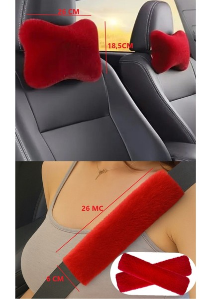 Kırmızı Peluş Oto Boyun Yastığı + Emniyet Kemeri Pedi – 4’lü Set – Sportif & Şık Tasarım modelleri