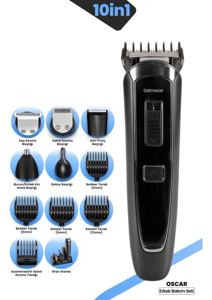 Çok Fonksiyonlu Erkek Bakım Seti Siyah Paslanmaz Çelik Kablosuz 10'lu Paket
