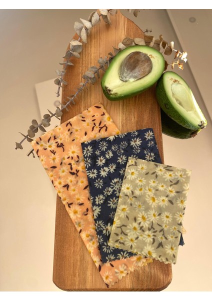 Papatya Desenli Tekrar Kullanılabilen Doğal Balmumlu (Balmumu) Gıda Saklama Kumaş Bez 3’lü