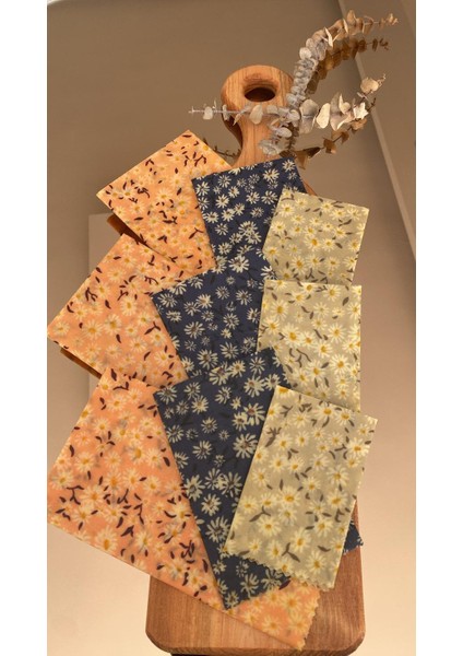 Papatya Desenli Tekrar Kullanılabilen Doğal Balmumlu (Balmumu) Gıda Saklama Kumaş Bez 3’lü modelleri