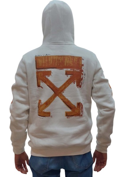 Erkek Kapüşonlu Bağcıklı Kanguru Cepli Baskılı Krem Rengi Bomber Sweatshirt Esk-Wht fiyatları