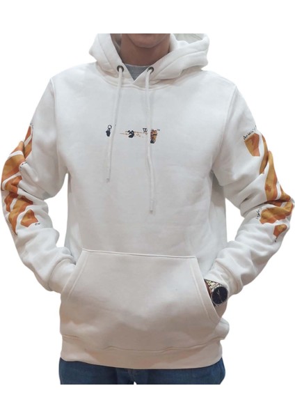 Erkek Kapüşonlu Bağcıklı Kanguru Cepli Baskılı Krem Rengi Bomber Sweatshirt Esk-Wht fırsatları