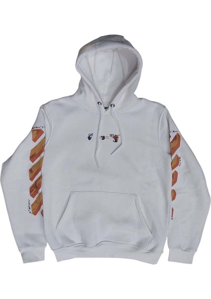 Erkek Kapüşonlu Bağcıklı Kanguru Cepli Baskılı Krem Rengi Bomber Sweatshirt Esk-Wht