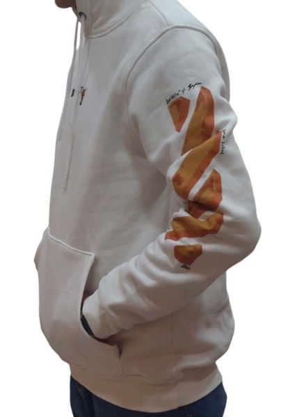 Erkek Kapüşonlu Bağcıklı Kanguru Cepli Baskılı Krem Rengi Bomber Sweatshirt Esk-Wht