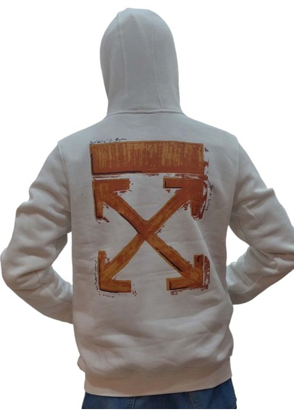 Erkek Kapüşonlu Bağcıklı Kanguru Cepli Baskılı Krem Rengi Bomber Sweatshirt Esk-Wht