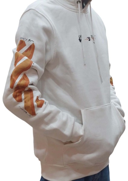 Erkek Kapüşonlu Bağcıklı Kanguru Cepli Baskılı Krem Rengi Bomber Sweatshirt Esk-Wht indirimleri