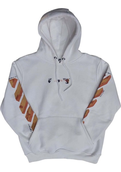 Erkek Kapüşonlu Bağcıklı Kanguru Cepli Baskılı Krem Rengi Bomber Sweatshirt Esk-Wht