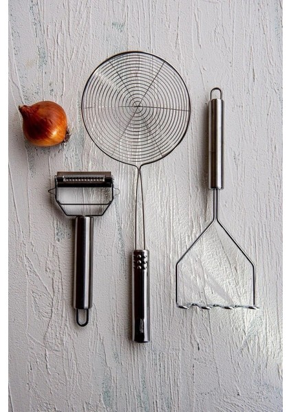 Lüks Paslanmaz3 Parça Patates Ezici + Jülyen Soyacak + Süzgeçli Kevgir Seti