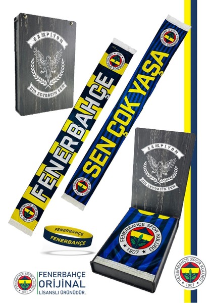 Orijinal Lisanslı Sen Çok Yaşa Şal Atkı ve Bileklik Set Kanarya Baskılı Ahşap Kutulu