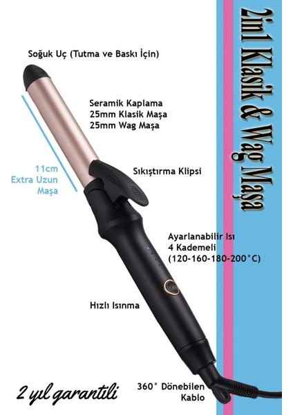 2in1 Wag ve 25MM Klasik Maşa Seti, Hediye Isı Koruma Eldiveniyle Siyah Renk fırsatları