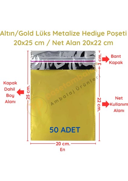 20X25 cm Altın Renk Bantlı Lüks Metalize Hediyelik Poşet (50 Adet)