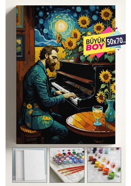 Sayılarla Boyama Seti Numaralı Tuval Fırça Boya Dahil Kasnaklı Set 50X70 cm - Van Gogh Piano