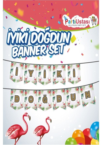 Bej Flamingo Doğum Günü Banner Yazısı, Partioyunevi, Şık ve Renkli Dekorasyon