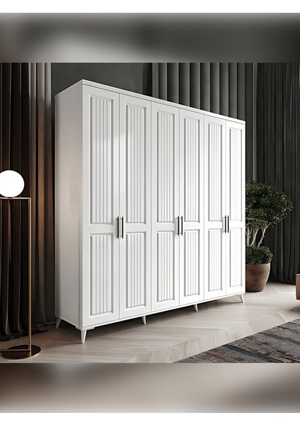 6 Kapaklı Komple Mdf Dişbudak Desenli Beyaz Gardırop Genç Ve Yatak Odası
