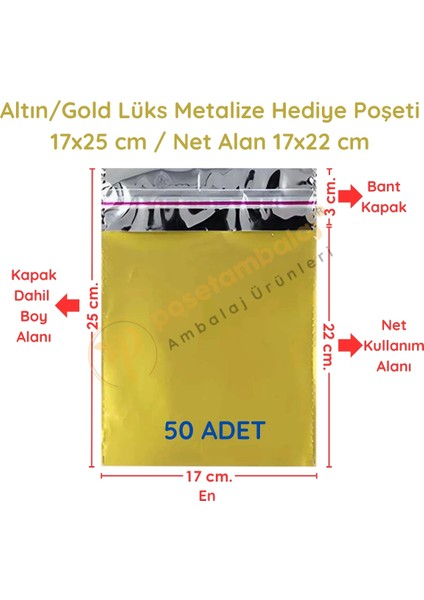 17X25 cm Altın Renk Bantlı Lüks Metalize Hediyelik Poşet (50 Adet)