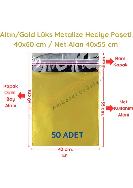 40X60 cm Altın Renk Bantlı Lüks Metalize Hediyelik Poşet (50 Adet)