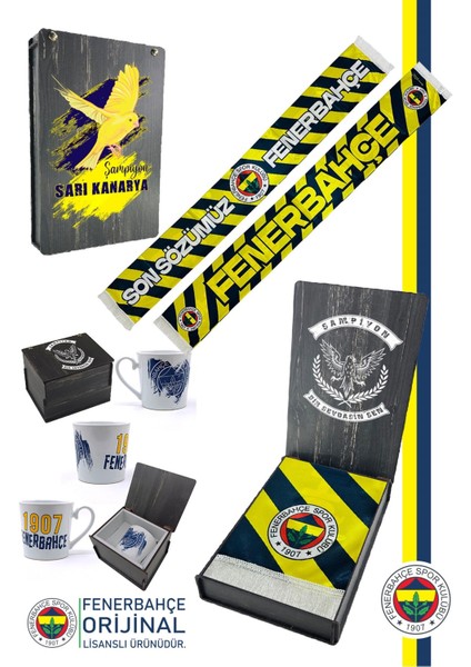 Orijinal Lisanslı Son Sözümüz Fenerbahçe Şal Atkı Seramik Kupa Set Kanarya Baskılı Ahşap Kutulu