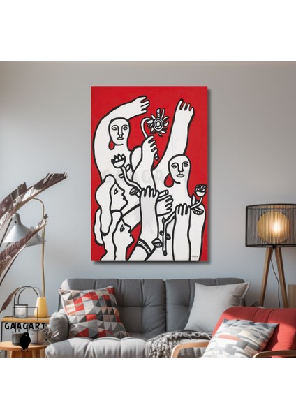 Tekli Dikey Kanvas Tablo Ünlü Eserler Fernand Leger La Joie Fond Rouge