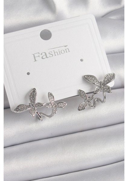 Pirinç Gümüş Renk Zirkon Taşlı Kelebek Model Kadın Küpe