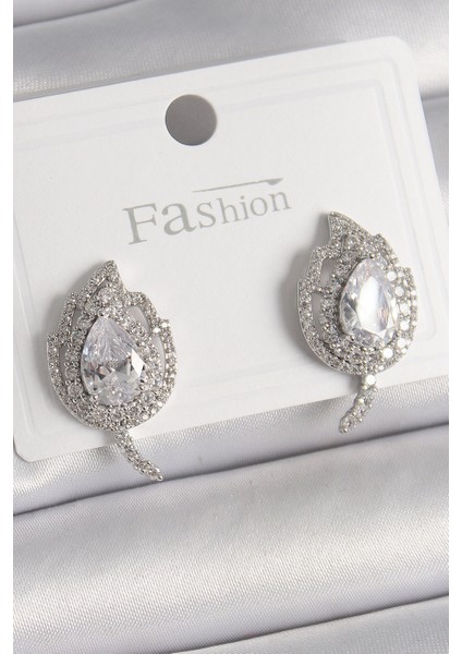 Pirinç Gümüş Renk Zirkon Taşlı Yaprak Model Kadın Küpe