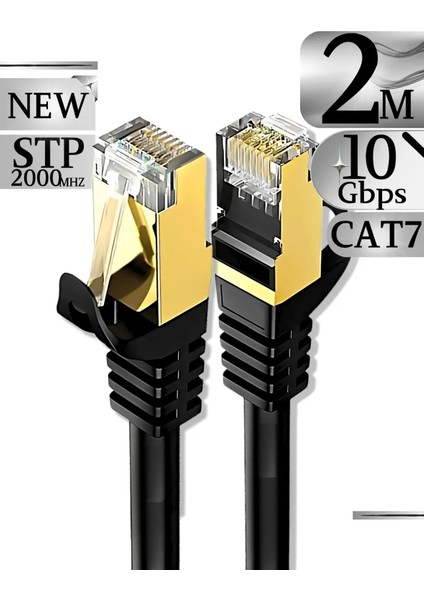 2 Metre 2mt Yeni Nesil RJ45 Kablo CAT7U/FTP Altın Kaplama Korumalı 10 Gigabit/s Ağ Lan Ethernet Kablosu 600 Mhz Premium Metal Zırhlı RJ45 Kablo
