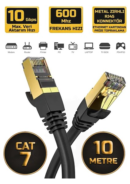 10 Metre 10MT Yeni Nesil RJ45 Kablo CAT7U/FTP Altın Kaplama Korumalı 10 Gigabit/s Ağ Lan Ethernet Kablosu 600 Mhz Premium Metal Zırhlı RJ45 Kablo