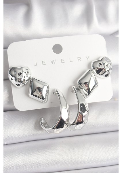 Gümüş Renk Kalp Halka Figür Ccb Plastik Kadın Küpe Seti