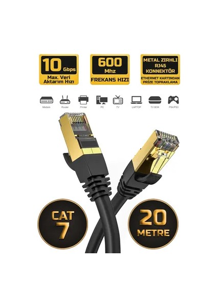 20 Metre 20MT Yeni Nesil RJ45 Kablo CAT7U/FTP Altın Kaplama Korumalı 10 Gigabit/s Ağ Lan Ethernet Kablosu 600 Mhz Premium Metal Zırhlı RJ45 Kablo