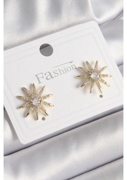 Pirinç Gold Renk Zirkon Taşlı Yıdız Model Kadın Küpe