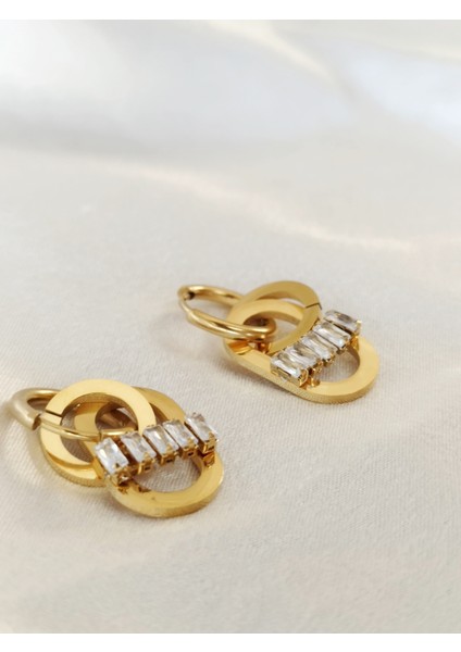 Ladybirdbujiteri Dikdörtgen Zirkon Taşlı Iç Içe Geçmeli Oval Çelik Küpe