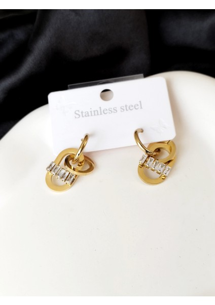 Ladybirdbujiteri Dikdörtgen Zirkon Taşlı Iç Içe Geçmeli Oval Çelik Küpe fiyatları