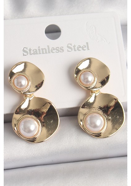 Pirinç Gold Renk Sallantı Inci Detaylı Daire Plaka Model Kadın Küpe