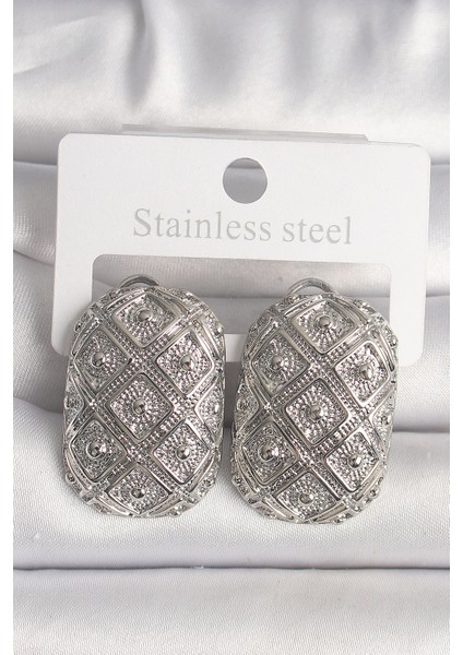 Pirinç Gümüş Renk Motif Işlemeli Kadın Küpe