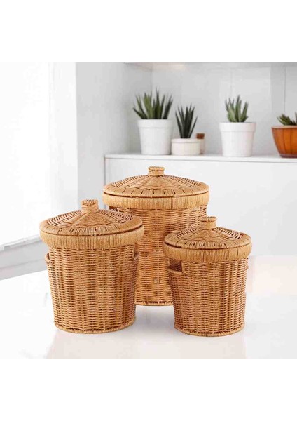 3'lü Hasır Kapaklı Patates Soğan Sepeti Seti Çok Amaçlı Mutfak Sepeti